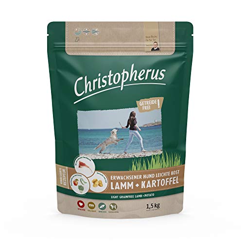 Christopherus Light Grainfree, Vollnahrung für ausgewachsene Hunde mit Übergewicht oder geringer Aktivität, Trockenfutter, Lamm + Kartoffel, Krokettengröße ca. 1 cm, Ausgewachsener Hund, 1,5 kg von Christopherus