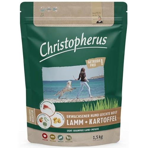 Christopherus Light Grainfree, Vollnahrung für ausgewachsene Hunde mit Übergewicht oder geringer Aktivität, Trockenfutter, Lamm + Kartoffel, Krokettengröße ca. 1 cm, Ausgewachsener Hund, 1,5 kg von Christopherus