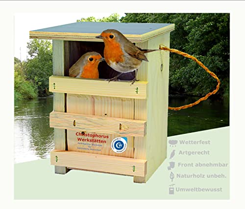 Christophorus-Werkstätten Nistkasten für Nischenbrüter wie Bachstelze aus Kiefernholz | Artspezifisch und nach NABU-Vorgabe gefertigt Wasserfeste Abdeckung Nisthilfe Vogelhaus Made in Germany, braun von onlyfly