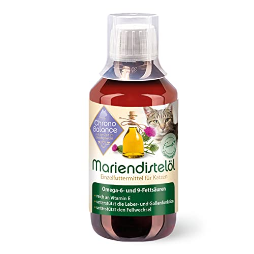 ChronoBalance® 250ml Mariendistel Öl für Katzen, als natürliche Nahrungsergänzung, unterstützend für Stoff- und Fellwechsel, reich an Vitamin E, Omega-6 und Omega-9, Dosierbecher enthalten. von ChronoBalance