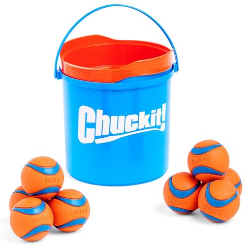 Chuckit! Ultra Ball Hundespielzeug, Eimer, langlebiger Gummi-Hundeball und Eimer, hohe Sprungkraft, schwimmend, Chuck It Launcher, kompatible Spielzeugbälle für Hunde mit Tragetasche, 8 Stück, von Chuckit!