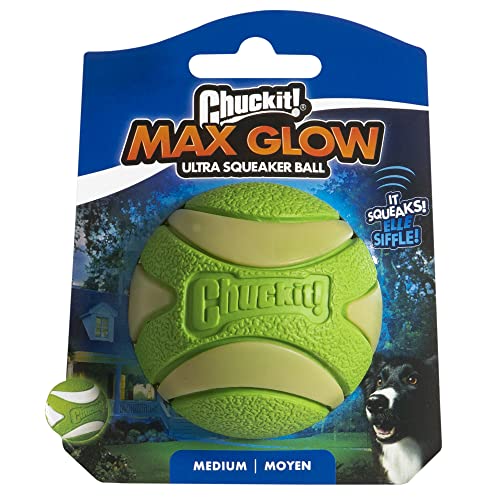 Chuckit! Max Glow Ultra Quietschball Hundespielzeug, langlebig, hohe Sprungkraft, schwimmender Gummi, quietschender Hundeball, wiederaufladbar, leuchtet im Dunkeln, kompatibel mit Launcher-Spielzeug von Chuckit!