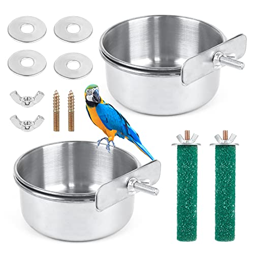 Chudian 2 Stück Vogel Futternapf zum Einhängen, Vogelnapf Edelstahl mit Halter und 2 Sitzstangen für Papageien, Ara, Sittich, Nymphensittich, Wellensittich uvm. von Chudian
