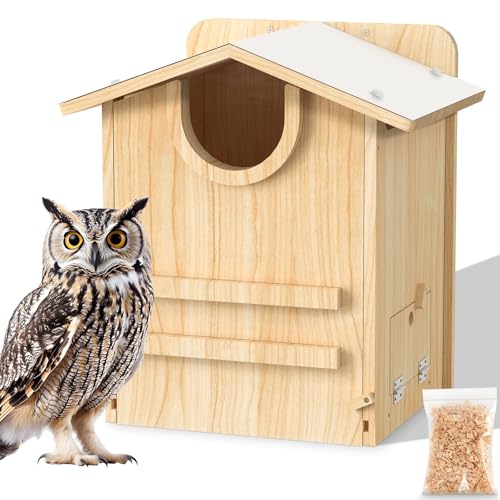 Chuiendi Eulenhaus, Nistkasten mit Holzspäne, großes Vogelhaus für den Außenbereich mit Futtertrog für Kreische/Schleiereule, Boreal, Nordpygmäe, Elfe, Turmfalke und andere kleine bis mittelgroße von Chuiendi