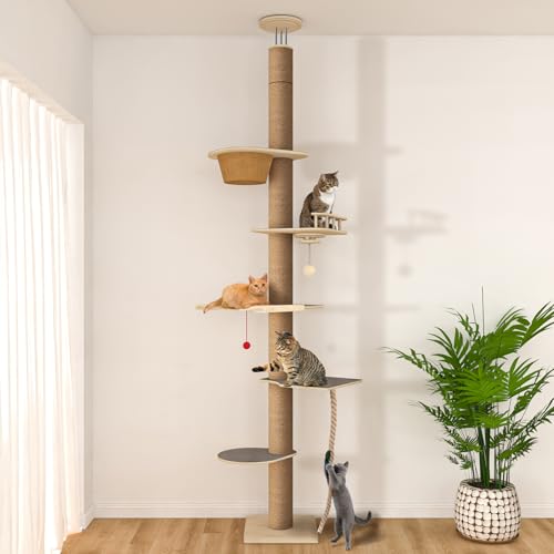 Kratzbaum vom Boden bis zur Decke, 5 Etagen, höhenverstellbar (208,3–304,8 cm), hoher Kletterbaum mit Sitzstangen, Hängematte, Kratzbaum, Bett, Ballspielzeug, solide Struktur und neutrale Farbe von Chuiendi