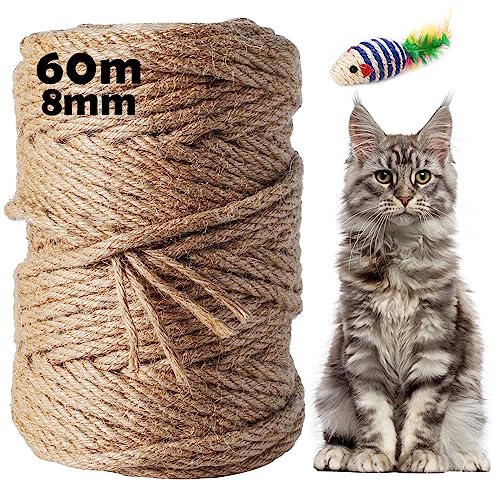 Sisalseil 60M, 8MM Natur Sisal Seil für Kratzbaum, Sisal Kratzbaum Ersatz für Katzen, Kratzbaum, Kratzseil, Haushalt, Verpackung, DIY Kunst-Handwerk, Floristik, Dekoration (60M x 8MM) von Chuner