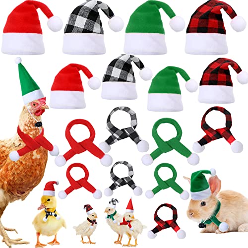 16 Stück Weihnachts-Hühnerhüte für Hühner und Mini-Weihnachtsschals-Set, 2 Größen, winzige Weihnachtsmannmützen für Hühner, Xmas Henne Schal, Huhn Kostüm für Enten-Gänse-Outfits von Chunful