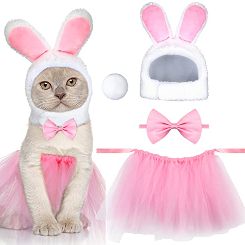 4 Stück Bunny Kostüm Set Hase Hut mit Ohr Hasenohren Haustier Stirnband Spitze Tutu Rock mit Hasenohren Schwanz und Schleife für Osterkatzen kleine Hunde Party Kostüm Zubehör von Chunful