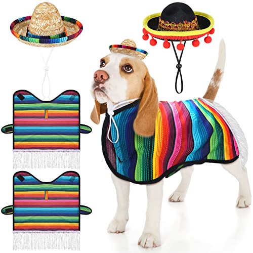 4 Stück mexikanischer Poncho und Sombrero Kostüme für Haustiere, lustiger Hund, Sombrero-Hut, Cinco de Mayo, Hunde-Outfit für mexikanische Party-Dekorationen (Größe M) von Chunful