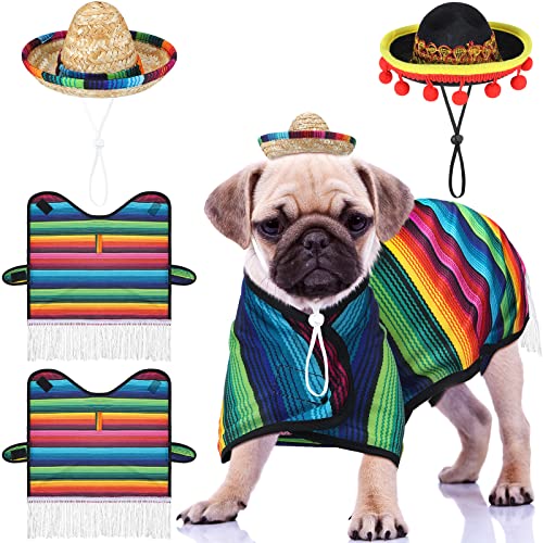 4 Stück mexikanischer Poncho und Sombrero Kostüme für Haustiere, lustiger Hund, Sombrero-Hut, Cinco de Mayo, Hunde-Outfit für mexikanische Party-Dekorationen (Größe S) von Chunful