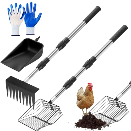 Chunful 6-teiliges Hühnerkotschaufel-Set, 3-in-1 verstellbare Hühnerkotschaufel, Rechen, Müllschaufel (22,8 bis 40 cm), langlebige Siebstreuschaufel für die Reinigung kleiner Nutztiere von Chunful