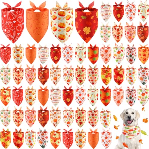 Chunful Herbsthalstücher für Hunde, Herbst-Ahornblatt-Kürbis-Muster, weiche Lätzchen, verstellbar, dreieckig, für kleine, mittelgroße und große Haustiere, 60 Stück (80 x 55 x 55 cm) von Chunful