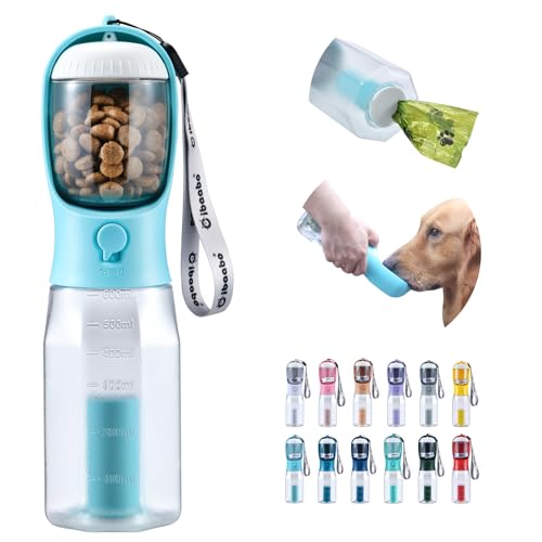 Cibaabo Hunde-Wasserflasche mit Futterbehälter und Kotbeutelhalter, 590 ml, tragbarer Haustierspender, auslaufsicheres Verschluss, Reisen, Spazierengehen und Wandern (Blau 590 ml) von Cibaabo