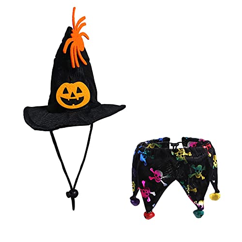 Cicano Halloween Katze Kostüm Hexe Umhang Zauberer Hut 2 Stück Set Hund Cosplay Kleid Schädel von Cicano