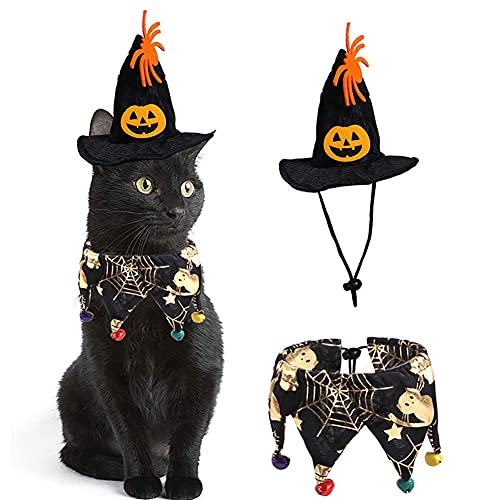 Cicano Halloween Katze Kostüm Hexe Umhang Zauberer Hut 2 Stück Set Hund Cosplay Kleid Spinne von Cicano