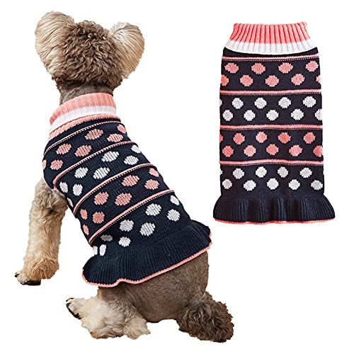 Cicano Hunde-Pullover-Kleid mit niedlichem Rüschensaum, klassischer Punkt-Sternendruck, Haustierkleidung, Outfits, Katzenkleid, marineblau, gepunktet, XL von Cicano