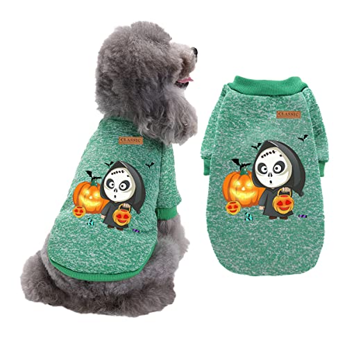 Cicano Hundepullover, Halloween-Haustierkostüme, Totenkopf-Kürbis-Aufdruck, für Hunde und Katzen, warm, Größe M, Grün von Cicano