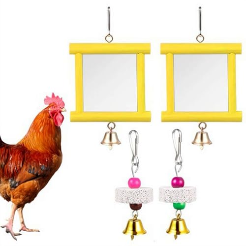 Hühnerspielzeug für den Stall, hängendes Hühnerspiegel-Spielzeug mit Glocke und Schnabelschleifen, Backenzähne für Vögel, Papageien, Hühner, Hähne, 2 Stück von Cikiki
