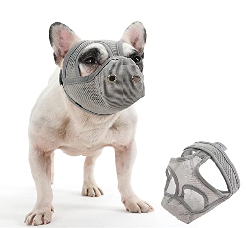 Cilkus Maulkorb mit kurzer Schnauze – Bulldoggen-Maulkorb, verstellbar, atmungsaktiv, Mesh-Hundemaulkorb, kann Zunge herauskleben und Wasser trinken,52.1 cm, grau) von Cilkus
