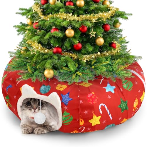 Cinnvoice Katzentunnelbett unter dem Weihnachtsbaum für Indoor-Katze, niedlicher Donut-Tunnel mit waschbarem Kreiskissen, faltbares Spielzeug für Kätzchen (Bälle) von Cinnvoice