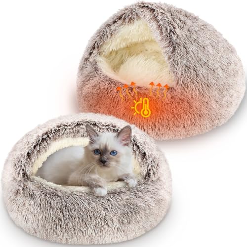Cinnvoice Selbstwärmende Katzenbetten, rund, Kätzchenbett, Höhle, flauschiges Hunde-Heizkissen, Plüsch-Kapuze, selbstheizendes Haustierbett mit rutschfester Unterseite, für Katzen im Innenbereich oder von Cinnvoice