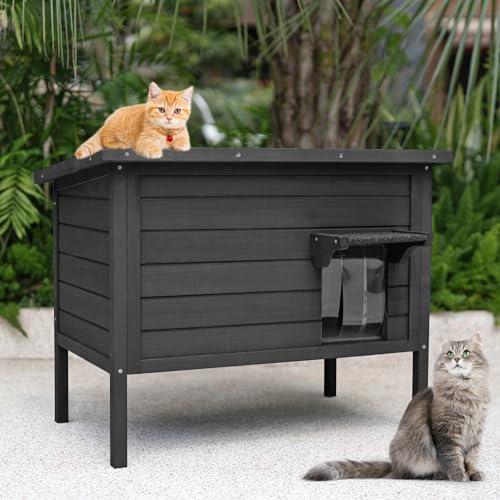 Ciokea Katzenhaus für den Außenbereich, wetterfest, Feral Katzenhaus mit isoliertem Rundum-Schaumstoff, Holz-Katzenhütten für den Winter draußen, PVC-Türklappen (schwarz) von Ciokea