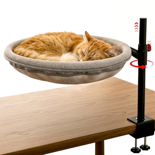 Cioquli Katzenbett für den Schreibtisch, 360° drehbar & Höhenverstellbar, Max 33lb, Katzenhängematte mit 2 waschbaren Bezügen, Katzenbett für den Innenbereich für Büroschreibtische, Spieltische-Grau von Cioquli