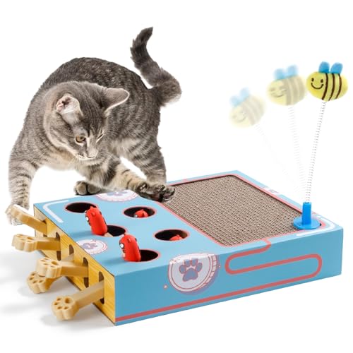 Cipsken Interaktives Katzenspielzeug Indoor Katzenspielzeug Whack A Mole Katzenspielzeug Box 3 in 1 Puzzle Katzenspielzeug mit Kratzbrett Federspielzeug für Katzen Spielen von Cipsken