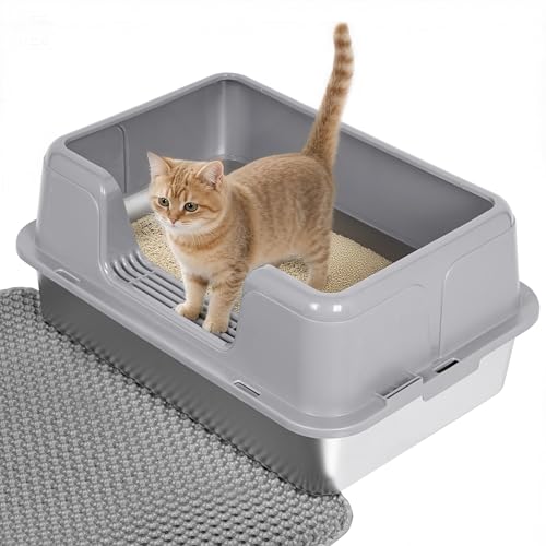 Citylife Katzenklo Edelstahl, Katzentoilette mit Katzenstreumatte und Schaufel, Offen Hoher Rand, Auslaufsicher, Geruchsfrei, Nicht klebriger Boden, Einfache Reinigen, Grau, 50 x 35 x 23 cm von Citylife