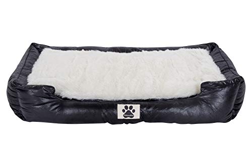 CLAMARO 'DeluxePet' Hundebett schwarz 120x80 aus Kunstleder mit 2in1 Wendekissen, Hundekissen für große Hunde mit Einer Fell und Leder Seite, Seiten weich gepolstert, Anti-Rutsch Rückseite von CLAMARO