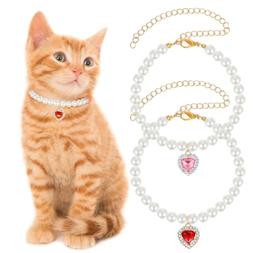 Classicseali 2 Stück Katzenperlenhalsband, verstellbares ausgefallenes Katzenhalsband, niedliches herzförmiges Perlenhalsband für Katzen, für Haustier-Katzen- und Hundedekorationen auf Hochzeiten von Classicseali