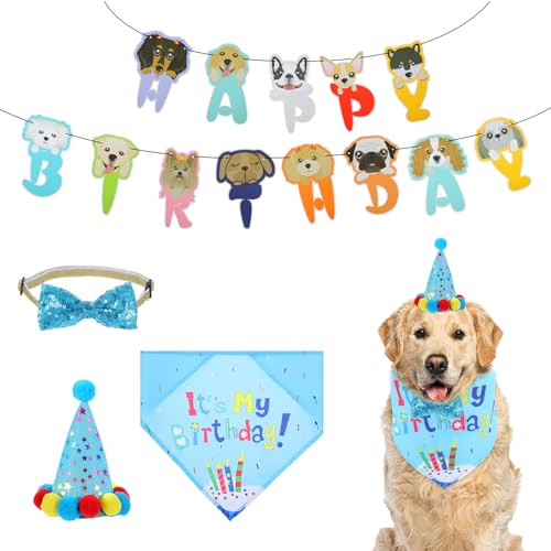 Classicseali 4 Stück Hundehalstuch Geburtstag,Hund Geburtstag Party Set,Hundegeburtstag Deko,Hund Thematisch Hundegeburtstag mit Banner,Bandana,Fliege,Geburtstagsmütze für Kinder,Babys und Hunde von Classicseali