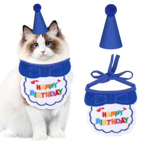 Classicseali Geburtstagshut für Katze, niedlicher Partyhut, verstellbar, bestickt, Katzen-Geburtstagstuch, Bandana mit Lätzchen, für Mädchen, Jungen, Kätzchen und Hunde, Partyzubehör, Dekorationsset von Classicseali