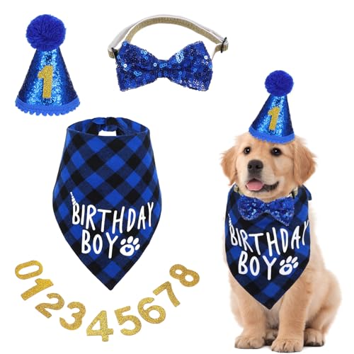 Classicseali Hunde-Geburtstagsdekorationen für Jungen, Hunde-Geburtstagshut, blaues Haustier-Bandana, Dreieck-Schal, Partyhut, Fliege, Halsband mit Zahlen, für große, mittelgroße und kleine Hunde von Classicseali