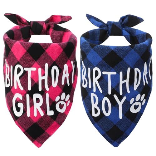 Classicseali Hundehalstuch, kariert, Happy Birthday, weiche Baumwolle, für Geburtstage, geeignet für kleine, mittelgroße und große Hunde, Blau, Jungen, Rosarot, 2 Stück von Classicseali