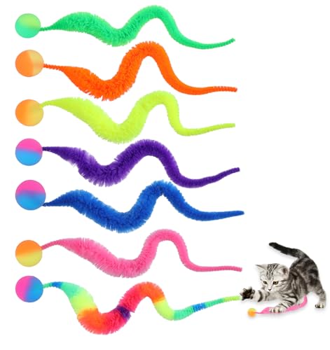 Classicseali Katzenspielzeugbälle, bunter Wurm an einer Schnur mit Ball, interaktive Katzenspielzeugbälle, Twisty Fuzzy Würmer für Katzen, Partyzubehör, Regenbogenfarben, 7 Stück von Classicseali