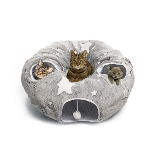 Claujen Katzentunnelbett mit Peekaboo-Höhle und Spiralspielzeug – Interaktives Katzenspielzeug für Indoor-Spaß, tragbares Donut-Design mit Aufbewahrungstasche – ideal für Katzen, Frettchen, Kaninchen von Claujen