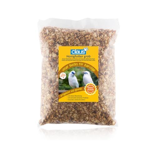 Claus Honigfutter grob | 1 kg | Spezielles Weichfutter für süßfressende & grobschnäbelige Vögel wie Beos, Stare, Tangaren, Bülbüls, Sonnenvögel | Mit Flocken & reinem Bienenhonig von Claus