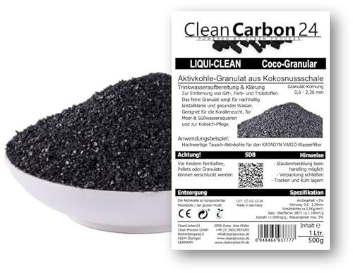 1L | CC24 Aktivkohle Granulat Kokosnussschalen 0,6–2,36 mm | 8x30mesh | Wasseraufbereitung Aquarium Teichfilter | Aktivkohle für Wasserfilterung & Klärung | Made in Germany von Clean Carbon 24 POWERED BY CLEAN PROCESS