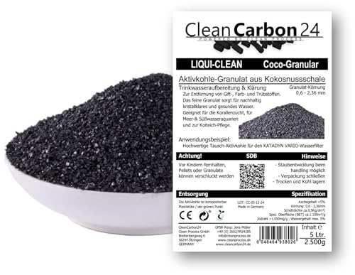 5 Liter Aktivkohle Granulat aus Kokosnussschalen zur Trinkwasseraufbereitung (0,6-2,36mm / 8x30mesh) [Energieklasse A] von Clean Carbon 24 POWERED BY CLEAN PROCESS