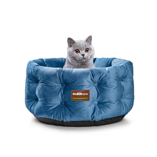 ClevaHome Deep Nest Katzenbett für kleine Haustiere bis 7 kg – Rundes Katzenbett für den Innenbereich mit weichem Samt, extra hohen Seiten, Rutschfester Unterseite & maschinenwaschbar (Stahlblau) von Cleva