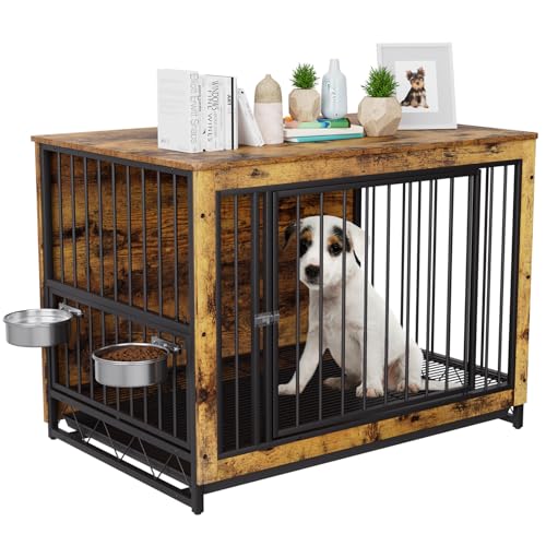 Stahl-Holz Hundekäfig mit 360° Edelstahlnäpfen & ABS Tablett - 93x64x58cm für Drinnen/Draußen bis 40kg,Hundehaus für Drinnen mit abnehmbarem Tablett - als Beistelltisch (Holzfarbe) von Clevich