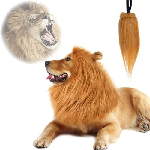 Löwenmähne für Hunde, Schwarze Löwenmähne für Hunde, Hundelöwenmähnekostüm mit Ohren, lustige realistische Löwenmähne für Hunde, verstellbare Löwenperücke für Hunde mit Schwanz (Braun) von Clgorm