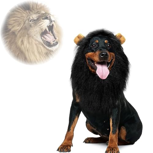 Löwenmähne für Hunde, Schwarze Löwenmähne für Hunde, Hundelöwenmähnekostüm mit Ohren, lustige realistische Löwenmähne für Hunde, verstellbare Löwenperücke für Hunde mit Schwanz (Schwarz) von Clgorm