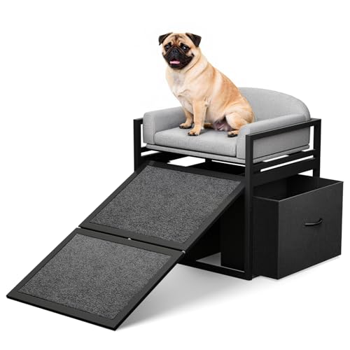 Clioran Haustiertreppe mit Sitz und Schubladen, extra breiter Sitzmate-Stuhl, Welpe für Hochbett, Couch, Büro, rutschfeste Dackel, Stufe für kleine Hunde, Katzenleiter, grau (hält bis zu 45 kg) von Clioran