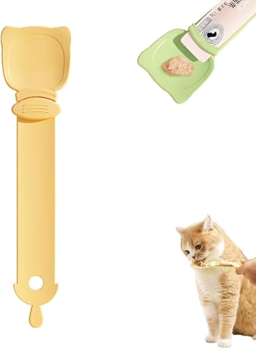 Katzenstreifen-Quetschlöffel, Katzenfutter-Löffel mit Loch zum Aufhängen, 2-in-1 Katzenfutterdose, multifunktionaler Haustierlöffel, Katzenfutterspender (gelb) von Clisole
