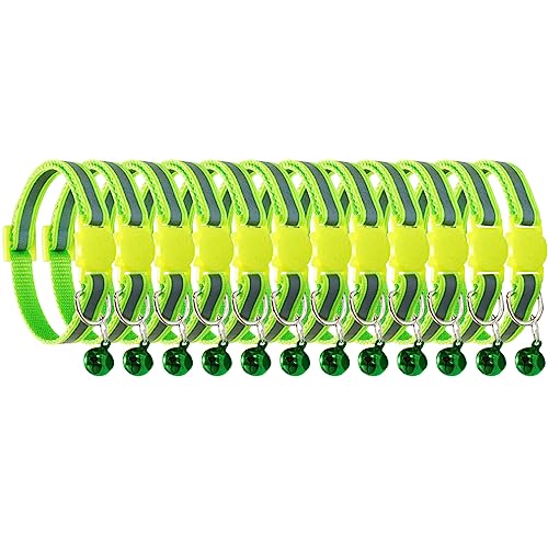 Cluos Reflektierende Katzenhalsbänder, Schnellverschluss, mit Glocke, Sicherheits-Nylon, verstellbar, 19–32 cm (fluoreszierendes Grün), 12 Stück von Cluos