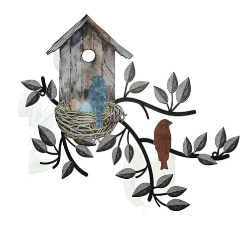 Clyictz Hängender Baum aus Metall mit Vogelhaus, Wandkunst, Outdoor-Wanddekoration, Vogeldekorationen für Zuhause, Metallblatt, Wanddekoration C von Clyictz