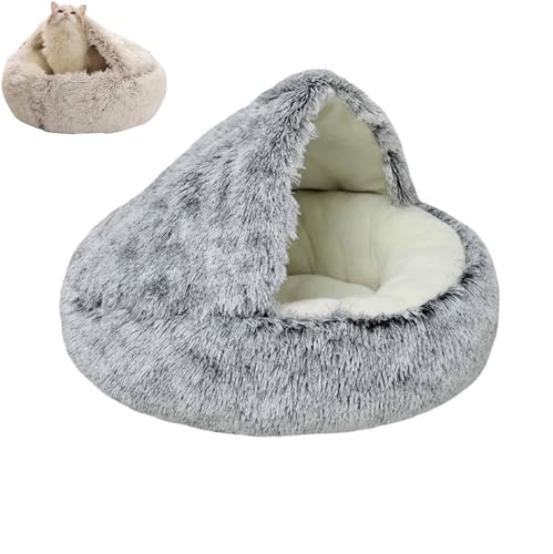 Cmeilau Neue winterweiche, Lange Plüsch-Rundkatzenhütte, Hundehütte, halbgeschlossenes Haustier-Plüschbett, beruhigende, Flauschige Haustier-Katzenhöhlen für den Innenbereich (40cm, Grey,Short Plush) von Cmeilau