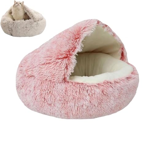 Cmeilau Neue winterweiche, Lange Plüsch-Rundkatzenhütte, Hundehütte, halbgeschlossenes Haustier-Plüschbett, beruhigende, Flauschige Haustier-Katzenhöhlen für den Innenbereich (40cm, Pink,Short Plush) von Cmeilau